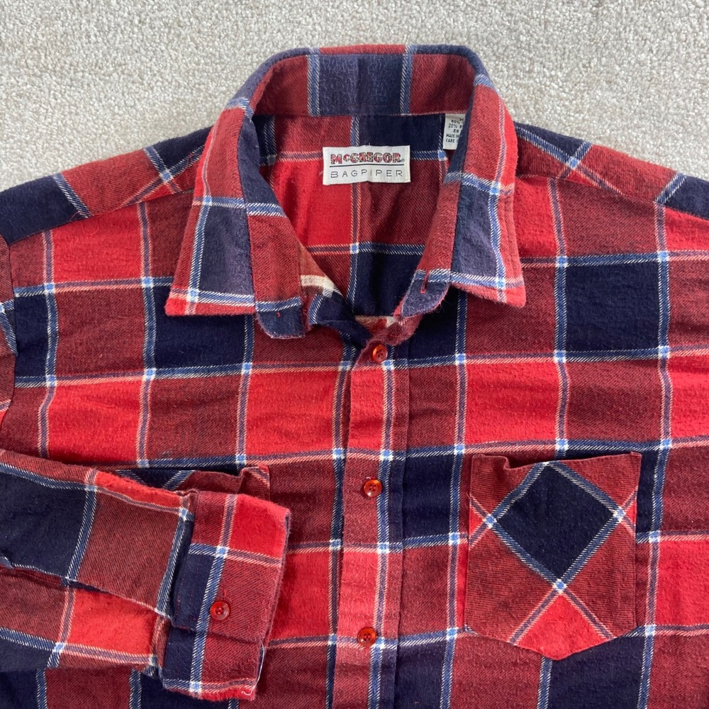 Vintage McGregor Bagpiper Shirt Mens XL Red Navy Plaid Flannel Long Sleeve